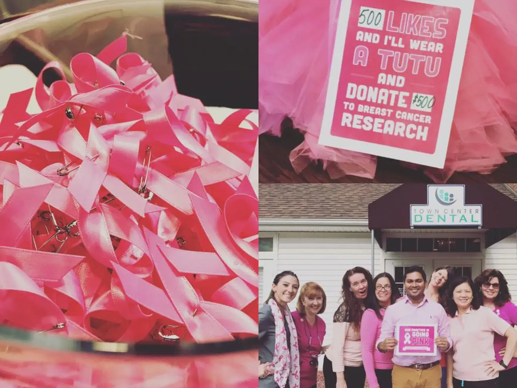 Town Center Dental team in pink attire supporting breast cancer awareness and fundraising campaign.
