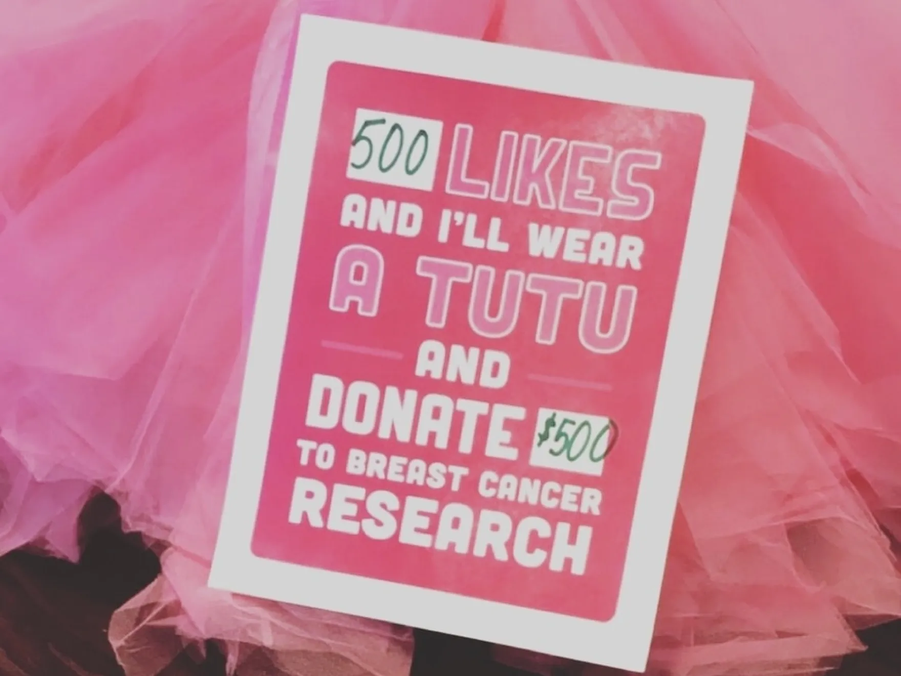 Pink tutu with sign reading "500 likes and I'll wear a tutu and donate $500 to breast cancer research"