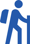 Blue silhouette of person climbing upward stairs, representing growth and progress.