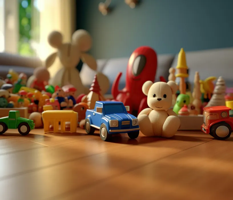 Colorful toy collection scattered on wooden floor including teddy bear, blue car, red rocket, and gingerbread figure.